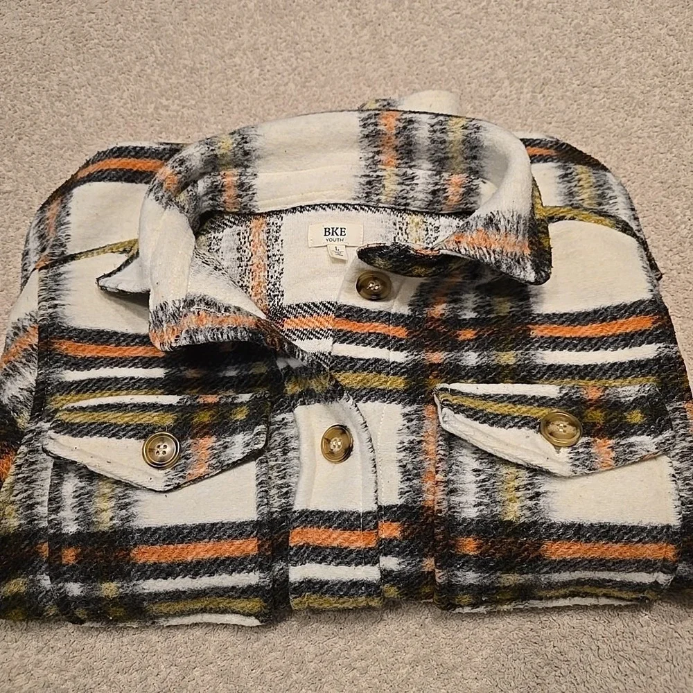 Bke Youth Flannel Shacket Jacket Button-Up Girls Size L White Orange Green Black